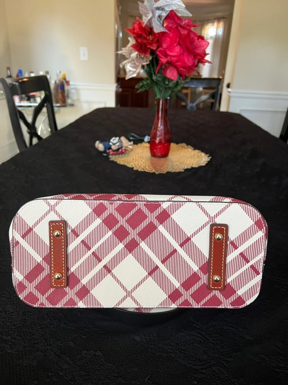 Dooney & Bourke Red Plaid Tote with Tan Leather Handles And Cross Body Straps - Picture 5 of 5